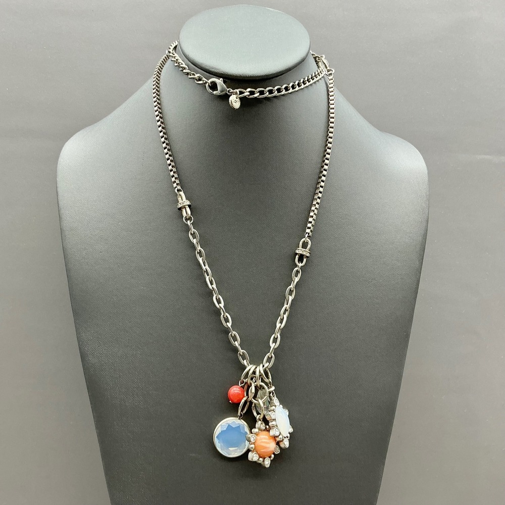 LOFT Charm Necklace Women Silver Tone Mixed Chain Faux Stone Crystal Accents